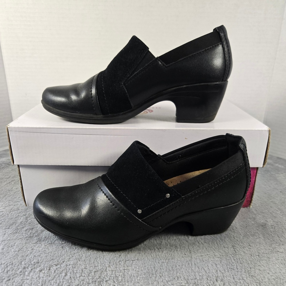 Clarks Collection Adriel Viola Black Leather Suede Block Heel Pumps 6.5 M